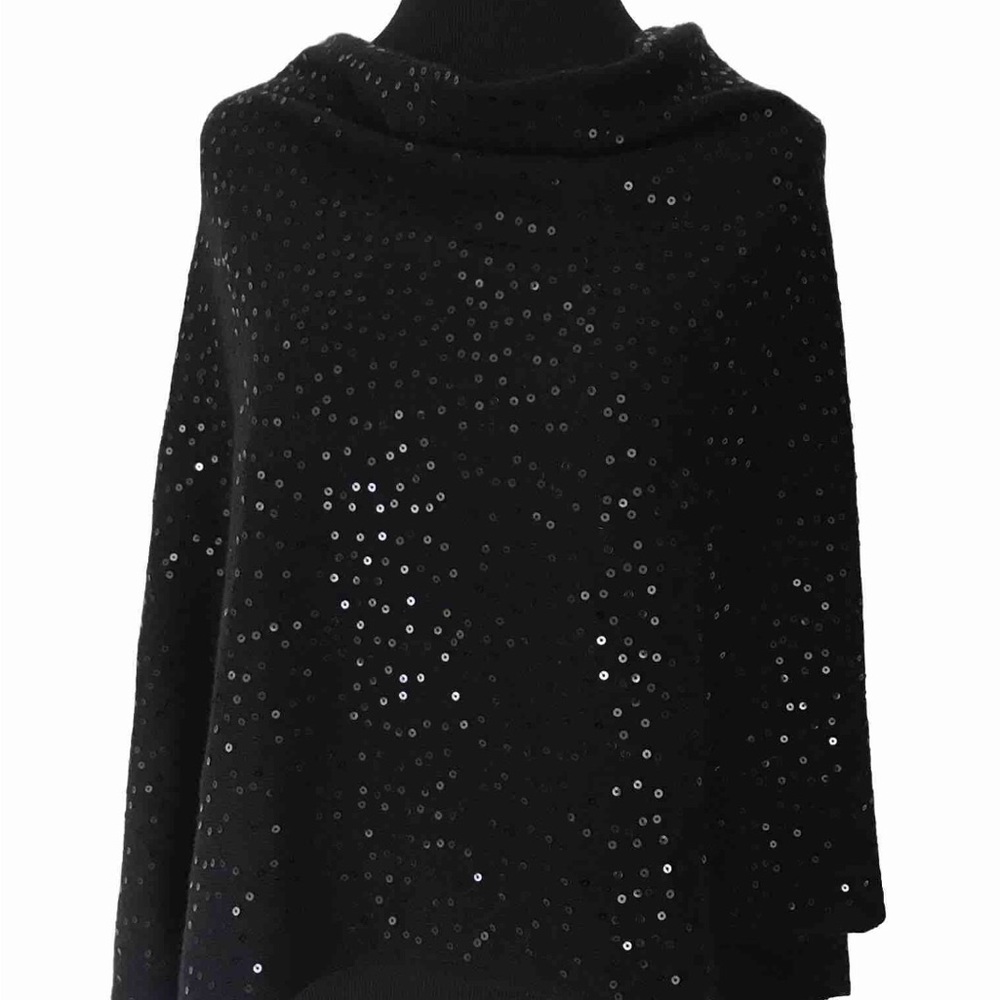 Cashmere Old Hollywood Glamour Sequined Black Knit Poncho Luxury Soft One Size